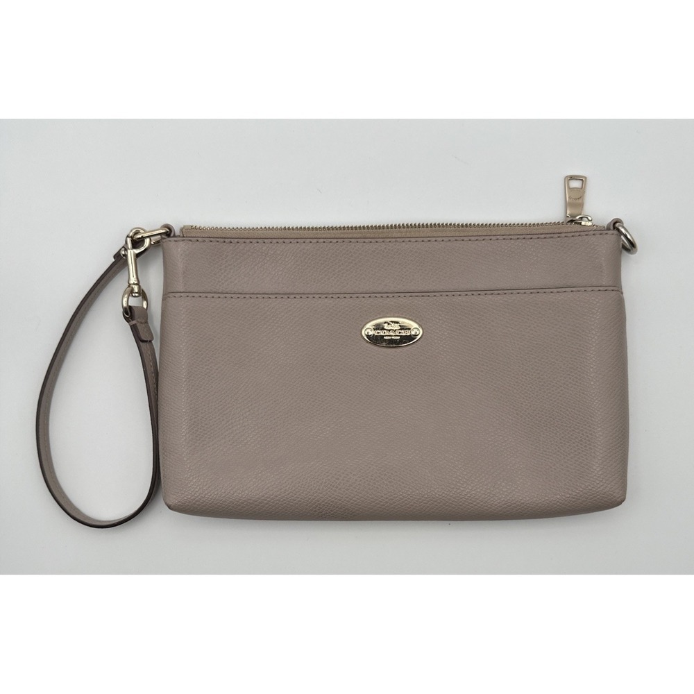Coach Taupe Pebbled Leather Handbag‎ Wristlet Clutch Goldtone Hardware F53014